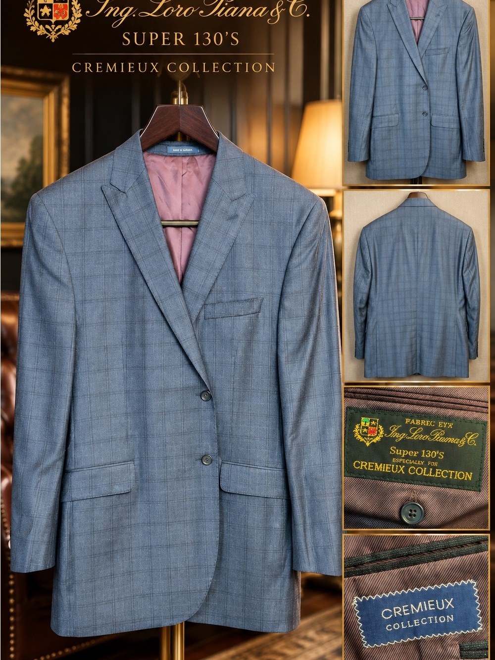 Loro Piana Super 130’s Wool Cremieux Collection 46R Navy Gray Windowpane Blazer